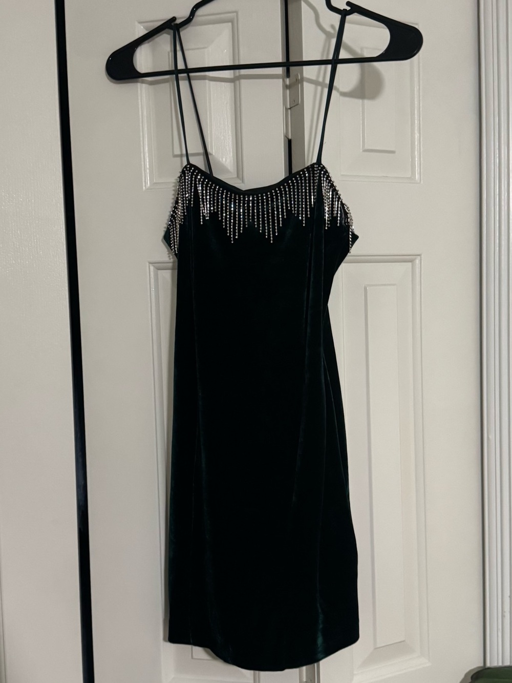 Zara Forest Green Velvet Mini Dress with Crystal Fringe